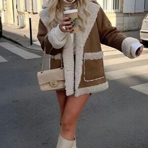 Zara Tan Teddy Jacket with Cream Accents M